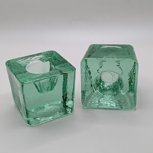 Recycled Square green glass tapered candle holders